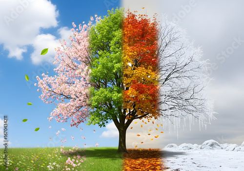 Four Seasons Tree with Blooming Spring, Lush Summer, Autumn Colors, and Snowy Winter