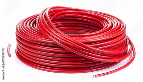 Coiled electrical wire roll in red insulation isolated on white background construction wiring supply
