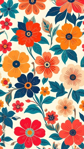 Wallpaper Mural Vibrant MidCentury Floral Tapestry with Bold Red Orange and Teal Blooms. Torontodigital.ca