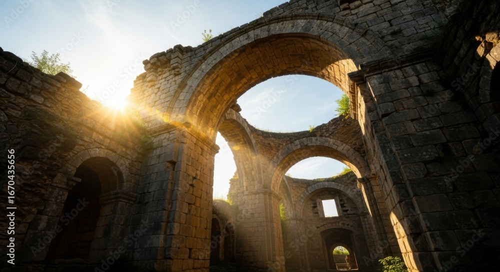 Fototapeta premium Ancient Stone Ruins with Arched Windows and Sunlight Streaming Through in Historic Site