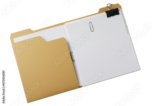Pristine open white file folder with neatly stacked white bond papers secured by a silver paperclip, flat lay on a light surface with soft studio light, concept of professional organization and