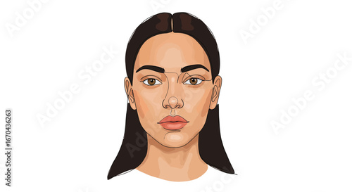 Illustration of a woman's face with dark hair and detailed facial features