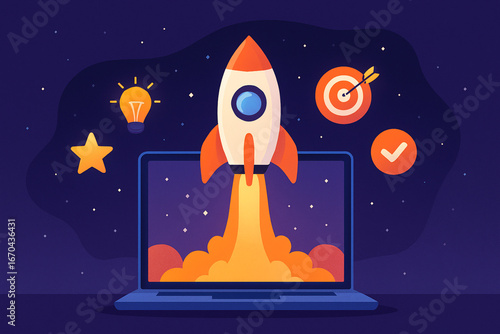 Rocket Launch from Laptop Screen Symbolizing Project Success