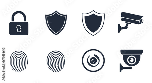 Security and Surveillance Concept: Digital Safety Icons in Black and White