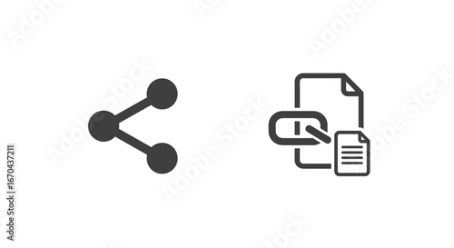 Simple isolated flat icon of share symbol and linked file with document attachment