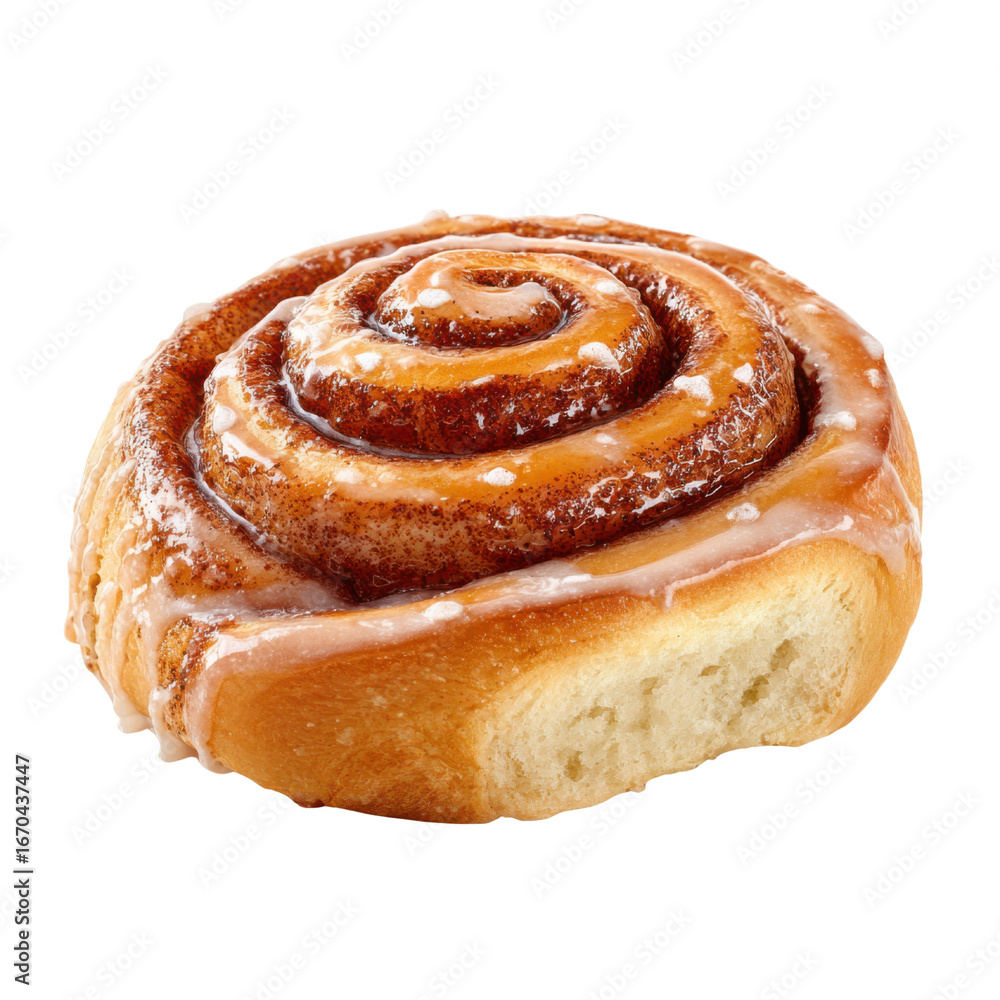 Fototapeta premium Cinnamon Swirl Pastry with White Icing Drizzle on Black Background cinnamon roll sweet, Isolated On White, Png Transparent, Cut Out