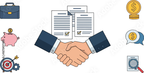 Successful business deal handshake with money and target for finance growth