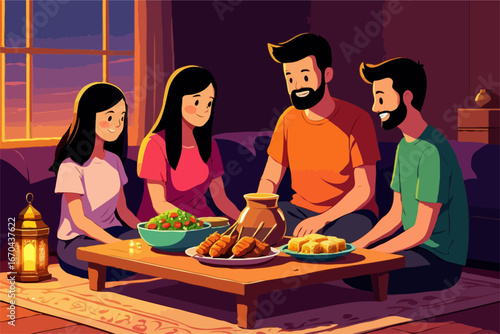 Family enjoying a meal together indoors at dusk