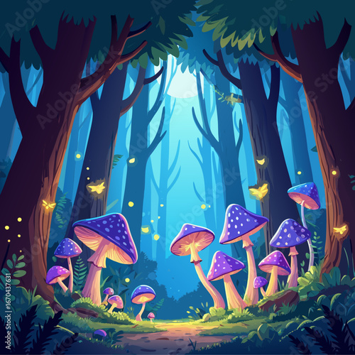 Enchanted forest with glowing purple mushrooms and fireflies at night