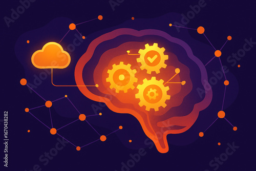 Creative Brain Illustration: Fusion of Technology, Cloud Computing, and Innovation with Gears