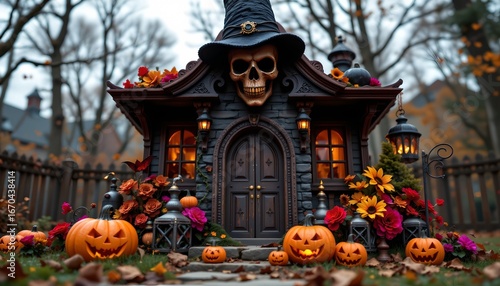 steampunk style halloween decoration with horror concept, subject positioned at the top, leaving clear copy space at the bottom for photo use.