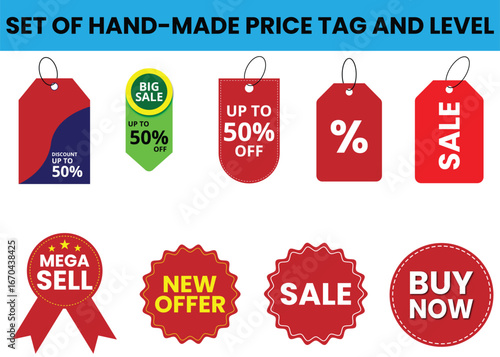 Collection of red and green sale price tags and labels with discounts