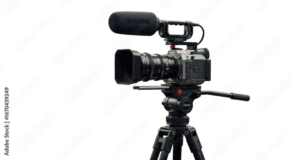 Professional digital cinema camera with prime lens, shotgun microphone on carbon tripod in minimalist media studio with soft bokeh background, copy space, concept of media production Professional digital cinema camera with prime lens, shotgun microphone on carbon tripod in minimalist media studio with soft bokeh background, copy space, concept of media production