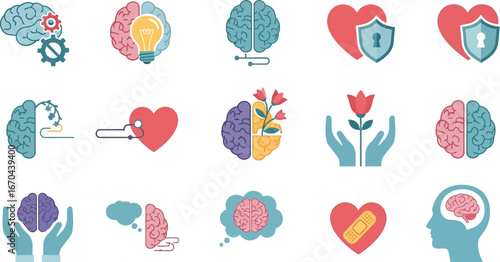 Mental health icons representing wellbeing, mindfulness, and positivity