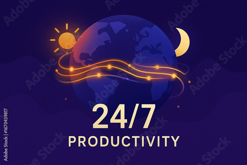 24/7 Productivity: Global Efficiency, Technology and Time Management Concept