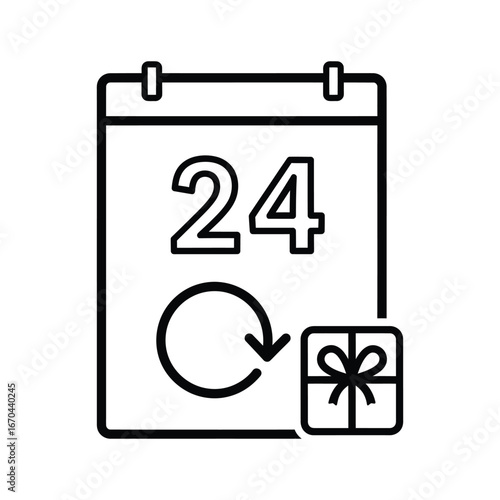 Calendar icon with gift and recycle symbol, white background, line art style, for subscription and recurring billing