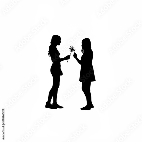 Young woman offers flower to friend instead of cigarette silhouette isolated on white background