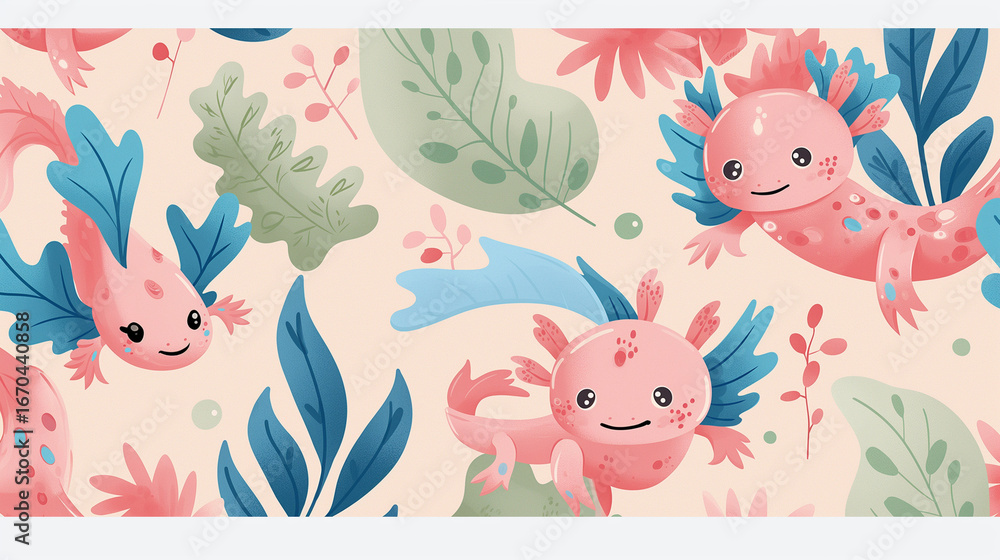 Fototapeta premium Cute Axolotl Cartoon Pattern with Plants and Leaves
