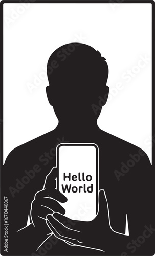 Silhouette Vector of Person Using Smartphone on White Background