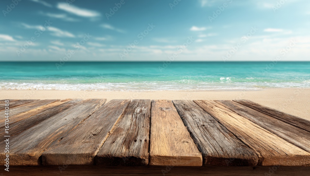 Fototapeta premium Wooden beach deck, tranquil ocean