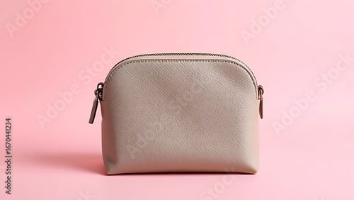 Stylish cosmetic bag with luxurious texture placed on a soft pink background in a flat lay composition.
