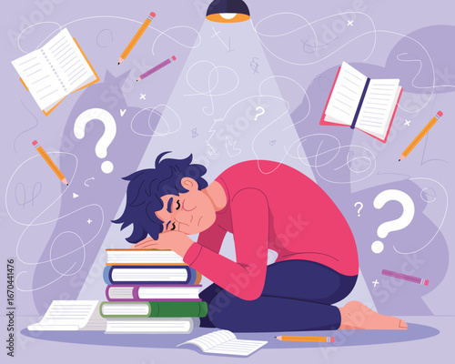 Stressed Student Overwhelmed by Academic Pressure, Experiencing Mental Fatigue and Exhaustion During Study