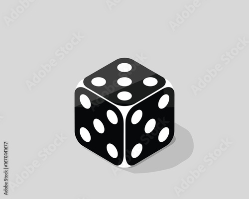 A clean and minimalistic flat vector illustration of a single black gaming die on a grey background