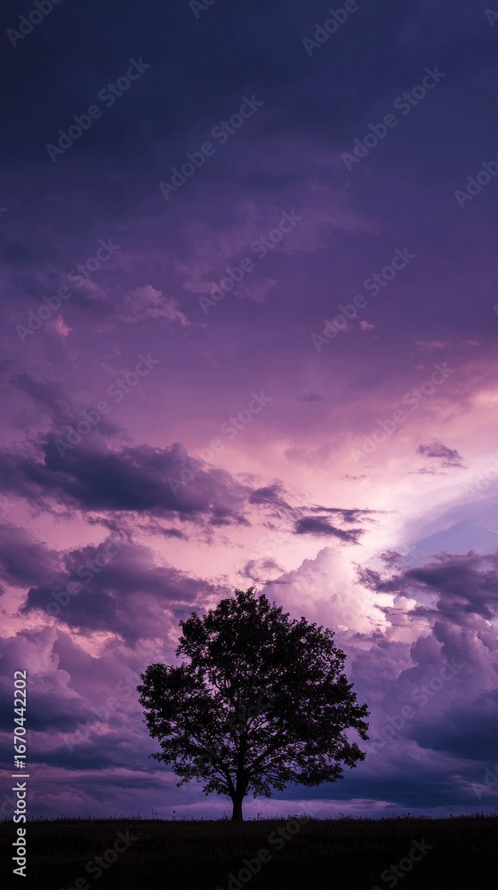 Fototapeta premium A striking silhouette of a tree against a vibrant purple and pink sunset sky.