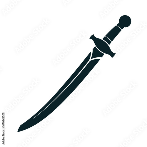Curved saber sword silhouette with ornate hilt representing power and history white background