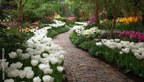 Fototapeta Naklejka Na Ścianę i Meble -  A colorful springtime garden path lined with tulips