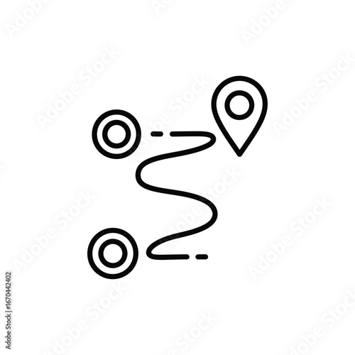 Minimalist route map icon with location pin and navigation path, black line art travel itinerary symbol, simple vector graphic for logistics tracking and destination planning eps asset.