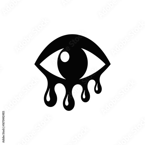 Surreal black melting eye symbol represents sadness grief and emotional distress isolated on white white background