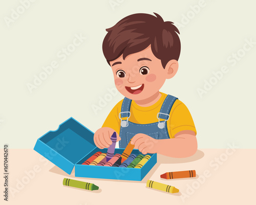Happy Child Playing with Crayons Colorful Creativity