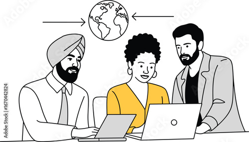 Diverse business team collaboration with laptops, global communication, teamwork illustration, digital connection, online meeting, workplace diversity, professional partnership, remote work concept.