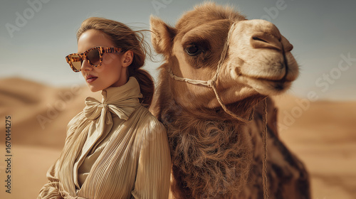 Fototapeta Naklejka Na Ścianę i Meble -  Fashion portrait of elegant woman in sunglasses standing beside a camel in desert dunes, luxury travel and exotic lifestyle concept.