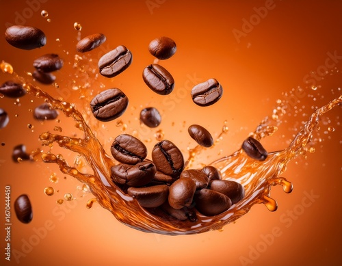 coffee splash with beans flying midair on orange background for energy caffeine beverage commercial photography scene
