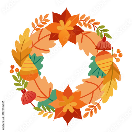Elegant decorative autumn wreath with seasonal elements on white background