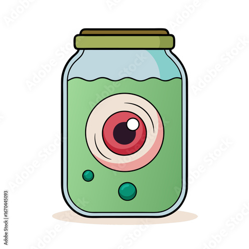 Illustration of a spooky eyeball inside a glass jar on a white background