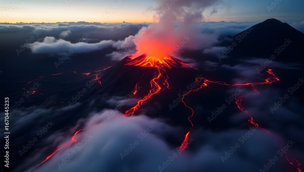 Fototapeta premium Dramatic volcanic eruption at twilight with molten lava rivers