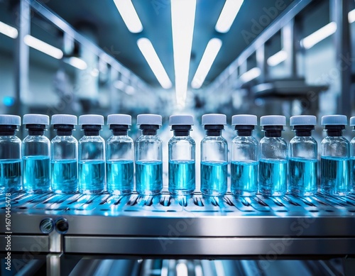 row of laboratory vials containing blue liquid on a conveyor belt in a high tech pharma facility
