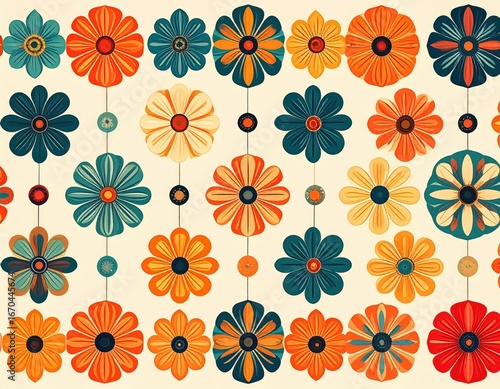 Vibrant Retro Floral Tapestry with Hanging Garlands in Teal and Orange.