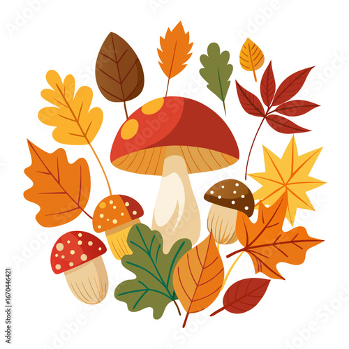 Autumn forest scene with falling leaves and mushrooms