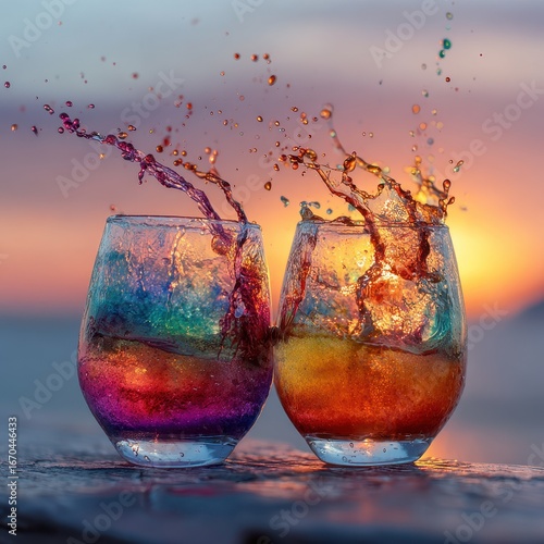 Vibrant Cocktail Splash - Two Stemless Glasses with Colorful Liquid Against Sunset.