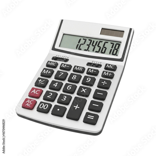 Modern white electronic calculator with large digital display and numeric keypad for business and education transparent background
