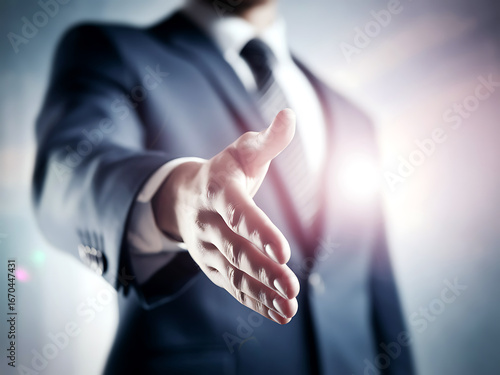 Businessperson offers a handshake with a bright optimistic future ahead