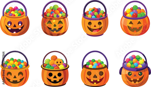 Cartoon illustration of Halloween pumpkin baskets overflowing with colorful candies and treats