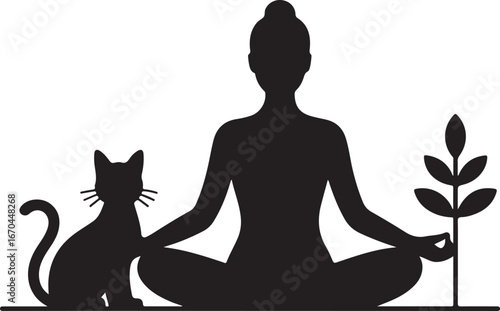 Woman and cat sitting in yoga pose silhouette isolated on transparent background