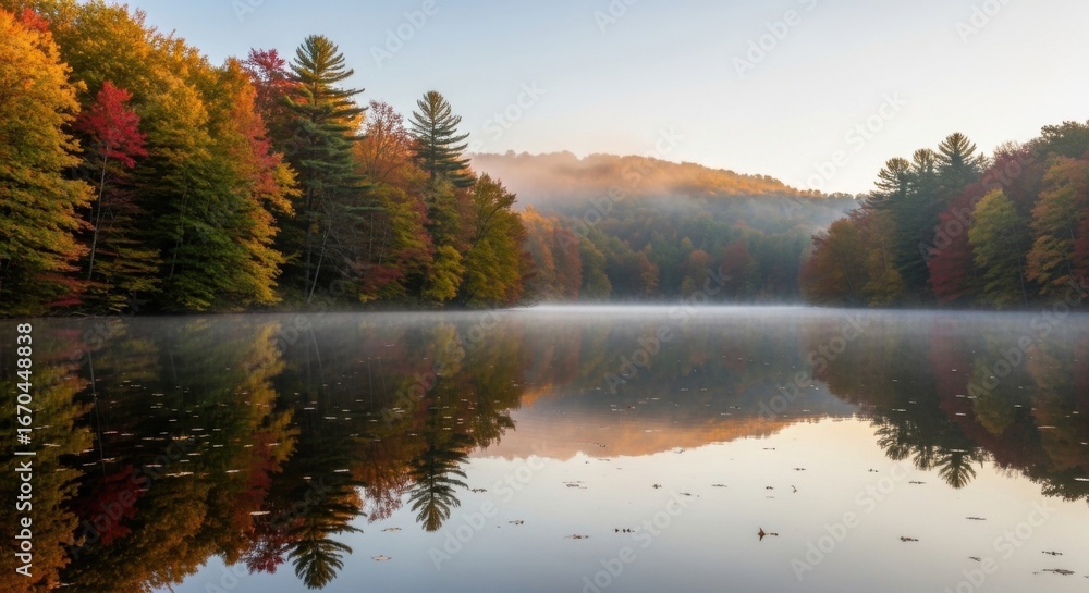 Fototapeta premium Serene Autumn Forest Landscape Reflection on Calm Lake in Morning Light