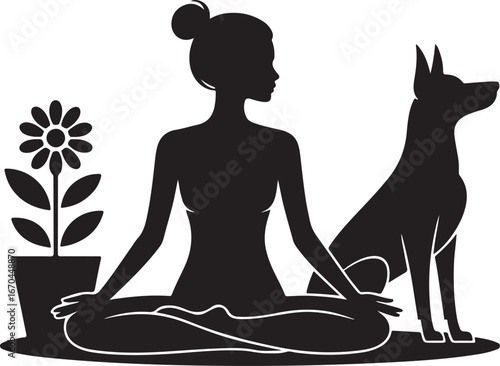 Woman and dog sitting in yoga poses silhouette isolated on transparent background