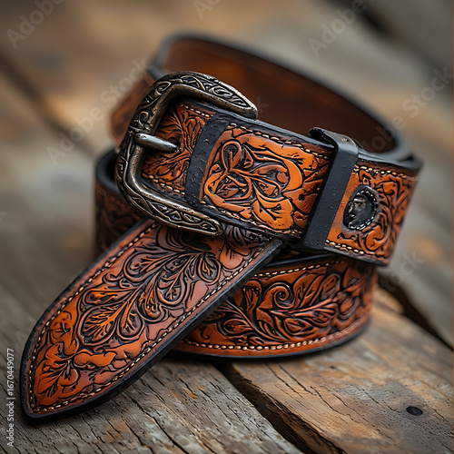 Western style tooled leather belt with buckle cowboy
